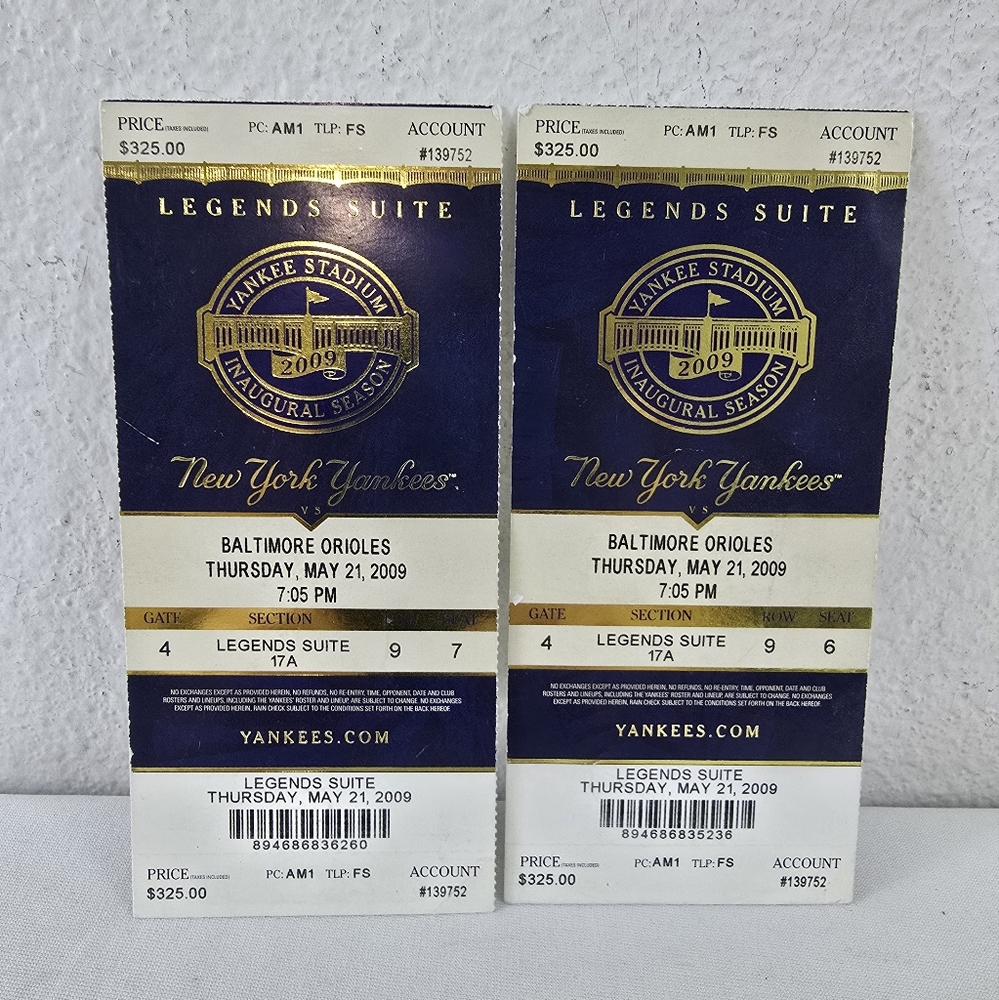 A Pair of 2009 Legends Suite Inaugural Season New York Yankee Tickets